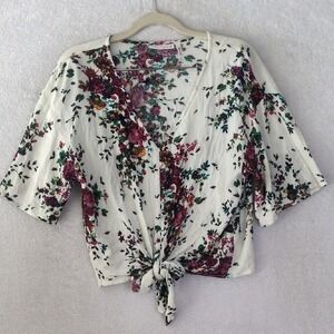 LUQ Womens Floral Short Sleeve Tie‎ Shirt Size S